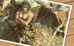  1boy animal bad_id bad_pixiv_id bird blindfold brown_hair collarbone crossed_arms demon_wings dove elona from_above harusame_(rueken) long_hair male_focus muscular opatos_of_earth solo topless_male wings 