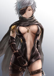  black_gloves breasts breasts_apart brown_eyes center_opening cloak commentary_request cowboy_shot elbow_gloves eyepatch female fingerless_gloves gloves granblue_fantasy grey_background highres hiwa_industry holding holding_weapon jewelry knife looking_at_viewer medium_breasts navel necklace pendant short_hair solo tanya_(granblue_fantasy) thigh_strap weapon white_hair 