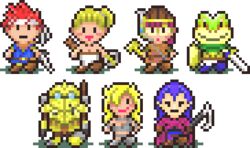  3girls 4boys ayla_(chrono_trigger) chrono_trigger commentary_request crono_(chrono_trigger) frog_(chrono_trigger) full_body lowres lucca_ashtear magus_(chrono_trigger) marle_(chrono_trigger) mother_(game) multiple_boys multiple_girls parody picosaru pixel_art robo_(chrono_trigger) sprite_art style_parody transparent_background 