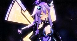  absurdres blue_eyes blush braid breasts cleavage commentary_request custom_maid_3d_2 female finger_to_mouth gloves hair_ornament highres leotard long_hair looking_at_viewer medium_breasts neptune_(series) one_eye_closed purple_hair purple_heart_(neptunia) solo sumxsum03 symbol-shaped_pupils twin_braids very_long_hair 