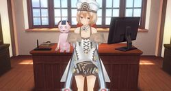  3d absurdres bare_shoulders blanc_(neptunia) blue_eyes brown_hair commentary_request computer custom_maid_3d_2 desk female fur_trim game_screenshot hat highres looking_at_viewer neptune_(series) short_hair smile solo sumxsum03 