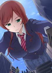  blazer blurry breasts building city crowd day depth_of_field expressionless female from_below giant giantess green_eyes gundam gundam_build_fighters gundam_build_fighters_try jacket kamiki_mirai large_breasts long_hair looking_down red_hair school_uniform sky skyscraper solo_focus terada_ochiko 