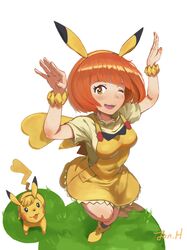  :d ;d absurdres animal_ears arms_up blunt_bangs bob_cut bracelet breasts commentary cosplay dress fake_animal_ears female grass hairband heart highres jewelry jonathan_h looking_at_viewer nail_polish on_grass one_eye_closed open_mouth orange_eyes orange_hair orange_nails outdoors pikachu pikachu_(cosplay) pikachu_ears pikachu_tail pikala pokemon pokemon_(anime) pokemon_(creature) pokemon_ears pokemon_sm_(anime) pokemon_tail red_hair shirt short_hair short_sleeves signature smile tail white_background yellow_footwear yellow_hairband yellow_shirt 