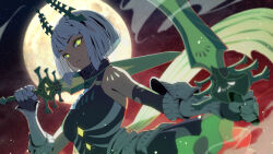  afk_journey bare_shoulders black_dress black_sleeves breasts closed_mouth commentary_request detached_sleeves dress dual_wielding female full_moon gauntlets glowing glowing_eyes green_eyes grey_hair highres holding holding_sword holding_weapon horns hoshizaki_reita long_sleeves looking_at_viewer medium_breasts moon short_hair silvina_(afk) sleeveless sleeveless_dress solo sword weapon 