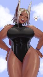  ;p animal_ears artist_name backpack bag bare_shoulders black_one-piece_swimsuit blue_sky blush boku_no_hero_academia breasts cloud cloudy_sky covered_abs covered_collarbone covered_navel dark-skinned_female dark_skin english_commentary eyewear_on_head female gud0c hands_on_own_hips heart highleg highleg_one-piece_swimsuit highres large_breasts looking_at_viewer mirko nail_polish one-piece_swimsuit one_eye_closed parted_bangs pink_nails pink_wristband purple_wristband rabbit_ears rabbit_girl red_eyes short_hair sky smile solo spoken_heart sweat swimsuit thick_thighs thighs toned_female tongue tongue_out turtleneck turtleneck_one-piece_swimsuit veins veiny_arms white_hair wrist_straps yellow-framed_eyewear 