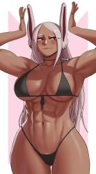  abs animal_ears armpits artist_name ass_visible_through_thighs bikini black_bikini black_choker blush boku_no_hero_academia breasts choker cleavage closed_mouth collarbone dark-skinned_female dark_skin english_commentary female front-tie_bikini_top front-tie_top gud0c hands_up highleg highleg_bikini highres large_breasts long_eyelashes long_hair looking_to_the_side mirko navel parted_bangs rabbit_ears rabbit_girl rabbit_pose red_eyes solo stomach swimsuit thick_thighs thigh_gap thighs toned_female very_long_hair white_hair 