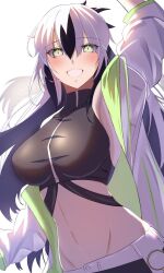  bare_shoulders black_hair black_shirt blush breasts cropped_shirt fate/grand_order fate_(series) female green_eyes green_jacket grin hair_between_eyes highres jacket large_breasts long_hair long_sleeves looking_at_viewer midriff multicolored_clothes multicolored_hair multicolored_jacket nagao_kagetora_(fate) navel open_clothes open_jacket shirt shorts sidelocks sleeveless sleeveless_shirt smile solo two-tone_hair two-tone_jacket uesugi_kenshin_(fate) uesugi_kenshin_(second_ascension)_(fate) umi_endu very_long_hair white_hair white_jacket white_shorts 