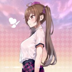  ahoge breasts brown_eyes brown_hair checkered_clothes checkered_skirt closed_mouth commentary_request fairyfloss female hat highres himekaidou_hatate long_hair medium_breasts shirt short_sleeves skirt solo tokin_hat touhou white_shirt 