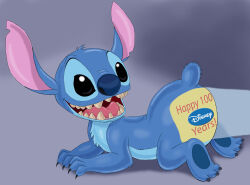  alien all_fours anthro ass blue_body blue_fur disney english_text experiment_(lilo_and_stitch) fur hi_res lilo_and_stitch looking_at_butt looking_at_own_butt looking_back_at_self male notched_ear small_tail smile solo stitch_(lilo_and_stitch) tail text zdrer456 