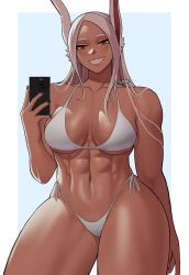  :d abs animal_ears artist_name bikini black_nails blue_background boku_no_hero_academia border breasts cellphone collarbone contrapposto dark-skinned_female dark_skin english_commentary female gud0c highres holding holding_phone large_breasts long_eyelashes long_hair looking_at_viewer mirko muscular muscular_female nail_polish navel obliques parted_bangs phone rabbit_ears rabbit_girl red_eyes side-tie_bikini_bottom skindentation smartphone smile solo stomach swimsuit thick_thighs thighs veins veiny_arms white_bikini white_border white_hair 