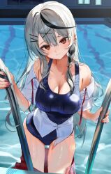  alternate_costume black_hair blue_one-piece_swimsuit blush braid breasts cleavage closed_mouth commentary_request ear_piercing female furofuroppi grey_hair hair_ornament highres hololive large_breasts long_hair looking_at_viewer multicolored_hair nail_polish one-piece_swimsuit open_clothes open_shirt partially_unbuttoned piercing pool_ladder poolside red_eyes red_nails sakamata_chloe shirt short_sleeves single_braid smile solo streaked_hair swimsuit virtual_youtuber wet white_shirt x_hair_ornament 