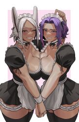  2girls animal_ears apron boku_no_hero_academia breast_press breasts dark-skinned_female dark_skin gud0c highres lady_nagant maid maid_apron maid_headdress mirko multicolored_hair multiple_girls paid_reward_available purple_eyes purple_hair rabbit_ears rabbit_girl red_eyes symmetrical_docking thick_thighs thighhighs thighs two-tone_hair veins veiny_breasts white_hair 