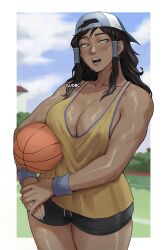  alternate_costume artist_name avatar_legends backwards_hat ball baseball_cap basketball_(object) black_shorts blue_eyes border breasts brown_hair cleavage collarbone contemporary dark-skinned_female dark_skin day female gud0c hair_tubes hat highres holding holding_ball korra large_breasts long_hair looking_to_the_side muscular muscular_female open_mouth outdoors outside_border shirt short_shorts shorts sideways_glance solo standing sweat tank_top teeth the_legend_of_korra thighs tomboy very_sweaty white_border yellow_shirt 