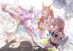  &gt;_&lt; 3girls alternate_costume alternate_hairstyle animal_ears arm_up bare_shoulders beach bikini black_bikini blonde_hair blue_archive blue_nails clenched_hand commentary_request eyewear_on_head forehead fox_ears halo highres holding_hands interlocked_fingers jumping light_brown_hair low_wings mika_(blue_archive) multiple_girls nagisa_(blue_archive) ocean orange_bikini outdoors pink-tinted_eyewear pink_bikini pink_hair sakurano_rocco sandals seia_(blue_archive) shadow sunglasses swimsuit tea_party_(blue_archive) tinted_eyewear twitter_username water white_wings wings 