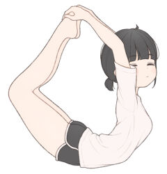  1ssakawaguchi absurdres arched_back arms_up barefoot black_hair black_shorts breasts closed_eyes closed_mouth dolphin_shorts female flexible from_side highres holding_own_foot ichika_(1ssakawaguchi) light_blush lying medium_breasts on_stomach original shirt short_ponytail short_shorts short_sleeves shorts simple_background solo thighs white_background white_shirt 