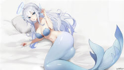  artist_name ass bare_shoulders bikini bikini_top_only blue_bikini blue_eyes blue_hair blue_halo braid breasts chinese_commentary cleavage commentary_request crown_braid female fins hair_ornament hairclip halo hand_up highres large_breasts long_hair looking_at_viewer lying mermaid monster_girl monsterification navel on_side parted_lips pillow roslyn_(tower_of_fantasy) scales solo swimsuit tower_of_fantasy white_background xnnagu 