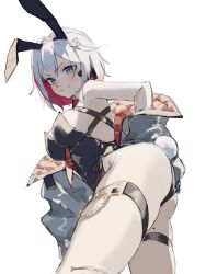  absurdres alternate_costume animal_ears armpits bare_shoulders black_jacket bovine breasts colored_inner_hair fake_animal_ears fake_tail female from_side hair_between_eyes highres honkai:_star_rail honkai_(series) jacket large_breasts looking_at_viewer mochi_upamo mole mole_on_thigh multicolored_hair playboy_bunny purple_eyes rabbit_ears rabbit_tail red_hair short_hair sideboob smile solo tail thigh_strap thighs topaz_(honkai:_star_rail) white_background white_hair 