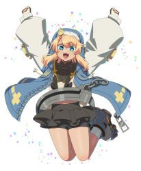  1boy androgyne_symbol bike_shorts blonde_hair bridget commentary cuffs fingerless_gloves gloves guilty_gear guilty_gear_strive habit happy highres hood hood_up hooded_jacket jacket jumping long_sleeves looking_at_viewer male_focus medium_hair open_clothes open_mouth otoko_no_ko skirt smile solo tondabayashi_koori 