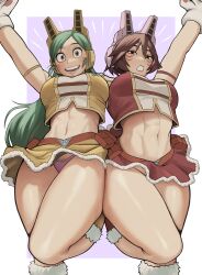  2girls animal_hands boku_no_hero_academia breasts brown_hair crop_top facial_mark gloves green_hair gud0c headgear highres legs long_hair mandalay_(boku_no_hero_academia) medium_breasts midriff miniskirt multiple_girls open_mouth panties paw_gloves ragdoll_(boku_no_hero_academia) skirt underwear whisker_markings 