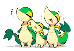  ai_generated ambiguous_gender anthro blush closed_eyes female feral generation_5_pokemon green_body group happy hellsonger hi_res nintendo open_mouth pokemon pokemon_(species) reptile scalie simple_background smile snivy sparkles trio white_background 