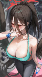  absurdres alternate_costume alternate_hairstyle barbell bare_shoulders black_hair black_pants black_wings blue_archive blue_wristband bottle breasts cleavage closed_mouth collarbone commentary_request evian feathered_wings female green_sports_bra hair_between_eyes halo hasumi_(blue_archive) highres holding holding_bottle large_breasts long_hair long_hair_between_eyes looking_to_the_side low_wings mohaka_(m_0haka) pants plastic_bottle ponytail red_eyes red_halo solo sports_bra sweat very_long_hair water_bottle wings wristband yoga_pants 