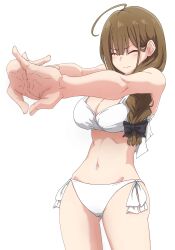  absurdres ass_visible_through_thighs bikini blush breasts brown_hair cleavage closed_eyes female fingernails hair_ribbon highres idolmaster idolmaster_shiny_colors interlocked_fingers ito_(itokayu) kuwayama_chiyuki large_breasts long_braid long_hair navel own_hands_together ribbon simple_background solo stomach stretching swimsuit white_background white_bikini 