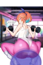  absurdres ass_shake ball blurry blurry_background colored_inner_hair exercise_ball exercising female green_hair highres holding_dumbbell hololive hololive_english kneehighs leotard looking_at_viewer looking_back maruyaa_(malya1006) motion_blur multicolored_hair official_alternate_costume orange_hair pants pink_eyes pink_pants smile socks solo squatting takanashi_kiara takanashi_kiara_(fever_night) teeth virtual_youtuber weightlifting white_leotard white_socks yoga_pants 