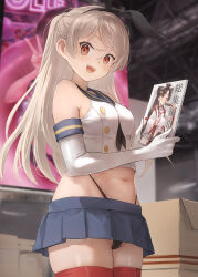  :d black_neckerchief black_panties blue_skirt blurry blurry_background breasts brown_eyes comiket_104 commentary_request conte_di_cavour_(kancolle) cosplay crop_top elbow_gloves female gloves grey_hair hairband highleg highleg_panties holding kantai_collection large_breasts long_hair looking_at_viewer microskirt midriff navel neckerchief neckerchief_between_breasts nisshin_(kancolle) paid_reward_available panties pleated_skirt sailor_collar shimakaze_(kancolle) shimakaze_(kancolle)_(cosplay) skirt smile solo striped_clothes striped_thighhighs thighhighs toka_(marchlizard) underwear white_gloves zettai_ryouiki 