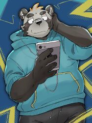  2024 anthro biped bottomwear canid canine cellphone clothing electronics headphones hi_res hoodie kemono male mammal nekodon_san pants phone raccoon_dog slightly_chubby smartphone solo tanuki topwear 