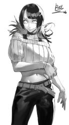  1boy absurdres androgynous belt black_pants blunt_bangs bracelet collar collarbone cowboy_shot cropped_sweater eyelashes greyscale highres holding holding_phone hoshi_kirara jewelry jujutsu_kaisen lip_piercing long_hair male_focus monochrome mouth_piercing multicolored_hair navel off-shoulder_sweater off_shoulder otoko_no_ko pants peperon_(peperou) phone piercing short_sleeves signature simple_background solo spiked_collar spikes star-shaped_pupils star_(symbol) streaked_hair sweater symbol-shaped_pupils white_background 