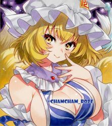  blonde_hair blue_dress breasts chacham cleavage cleavage_cutout clothing_cutout dress female fox_girl fox_tail hat kitsune large_breasts mob_cap sideboob tail touhou twitter_username upper_body white_hat yakumo_ran 