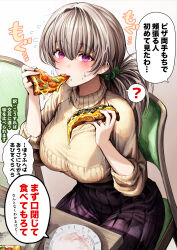  ? absurdres black_skirt blush breasts eating female flying_sweatdrops food gibagiba green_scrunchie grey_hair hair_ornament hair_scrunchie highres holding holding_food holding_pizza large_breasts long_hair mole mole_under_mouth on_chair original pizza plate pleated_skirt purple_eyes sayama_saho_(gibagiba) scrunchie sitting skirt solo speech_bubble spoken_question_mark sweat sweater table translation_request yellow_sweater 