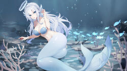  artist_name ass bare_shoulders bikini bikini_top_only blue_bikini blue_eyes blue_hair blue_halo braid breasts bubble chinese_commentary cleavage commentary_request coral crown_braid female fins fish hair_ornament hairclip halo hand_up highres large_breasts long_hair looking_at_viewer lying mermaid monster_girl monsterification navel on_side parted_lips roslyn_(tower_of_fantasy) scales seafloor solo swimsuit tower_of_fantasy underwater xnnagu 