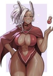  :d abs animal_ears artist_name black_choker blush boku_no_hero_academia border breasts cape center_opening character_doll choker cleavage cosplay curvy dark-skinned_female dark_skin female gud0c hand_on_own_hip hand_up heart highleg highleg_leotard highres large_breasts leotard long_hair looking_at_viewer mirko navel ponytail purple_background rabbit_ears rabbit_girl red_cape red_eyes red_leotard smile solo sweat thick_thighs thighs toned toned_female white_border wide_hips yaoyorozu_momo yaoyorozu_momo_(cosplay) 