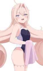  absurdres black_one-piece_swimsuit cowboy_shot drum_(kancolle) female grey_eyes hair_intakes hair_rings highleg highleg_one-piece_swimsuit highres kantai_collection l_meet long_hair one-piece_swimsuit pink_hair pink_towel simple_background smile solo swimsuit white_background 