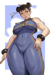  alternate_costume artist_name blue_bodysuit bodysuit bracelet breasts brown_eyes brown_hair chun-li cowboy_shot crop_top double_bun female gud0c hair_bun hair_ribbon highres jewelry large_breasts legs_together lips navel official_alternate_costume ribbon short_hair sky solo street_fighter street_fighter_zero_(series) studded_bracelet thick_thighs thighs unitard white_background 