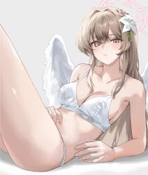  absurdres blue_archive blush bra breasts brown_eyes brown_hair cleavage closed_mouth commentary_request feathered_wings female flower grey_background hair_flower hair_ornament halo highres large_breasts long_hair looking_at_viewer low_wings medium_breasts nagisa_(blue_archive) ori_(0rizuru) panties solo underwear underwear_only white_bra white_flower white_halo white_panties white_wings wings 