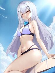  :&lt; arm_at_side back_bow bare_shoulders bikini black_nails blue_bikini blue_gemstone blue_sky blush bow breasts cleavage closed_mouth commentary curvy day diamond-shaped_pupils diamond_(shape) english_commentary fate/grand_order fate_(series) feet_out_of_frame female forked_eyebrows frown gem grey_hair hair_between_eyes highleg highleg_bikini highres long_hair looking_at_viewer making-of_available medium_breasts melusine_(fate) melusine_(swimsuit_ruler)_(fate) melusine_(swimsuit_ruler)_(third_ascension)_(fate) midriff nail_polish navel outdoors phaethonvt purple_bow red_eyes skindentation sky small_breasts solo stomach string_bikini summer sunlight swimsuit symbol-shaped_pupils thighs tsurime variant_set very_long_hair 