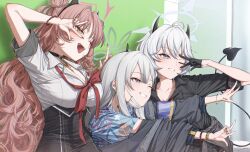  3girls ;d black_horns black_shirt blue_archive blue_eyes blue_shirt blush breasts cleavage collarbone collared_shirt commentary demon_tail double_w erika_(blue_archive) grey_hair grey_halo grin gyaru halo highres horns kirara_(blue_archive) kogal konoka_(blue_archive) large_breasts long_hair loose_neck_ribbon mask mask_pull mouth_mask multiple_girls oerba_yun_fang one_eye_closed open_mouth pink_hair pink_halo purikura red_eyes red_hair red_ribbon ribbon school_uniform shirt short_hair smile surgical_mask tail w white_shirt yo_na 