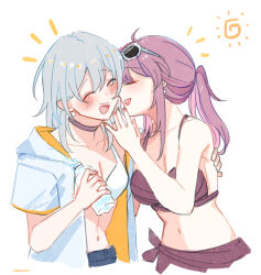  2girls :d ^_^ bikini blush choker closed_eyes grey_hair highres hinagi_(fox_priest) honkai:_star_rail honkai_(series) jacket kafka_(honkai:_star_rail) long_hair multiple_girls navel open_clothes open_jacket open_mouth ponytail purple_bikini purple_hair smile stelle_(honkai:_star_rail) stomach swimsuit trailblazer_(honkai:_star_rail) white_background white_bikini white_jacket 