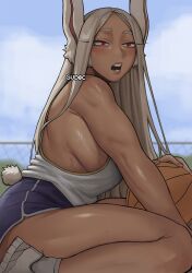  animal_ears artist_name ball bare_shoulders basketball_(object) boku_no_hero_academia breasts dark-skinned_female dark_skin female gud0c highres holding holding_ball large_breasts long_eyelashes long_hair mirko muscular muscular_female open_mouth parted_bangs rabbit_ears rabbit_girl rabbit_tail red_eyes shoes short_shorts shorts sideboob sitting sneakers solo sweat tail tail_through_clothes teeth thick_thighs thighs toned toned_female wariza white_footwear white_hair 