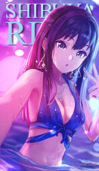  :o armpits bikini black_bikini black_hair breasts character_name cleavage earrings enupi_mmd female fingernails highres idolmaster idolmaster_cinderella_girls jewelry long_hair looking_at_viewer nail_polish necklace partially_submerged refraction selfie shibuya_rin solo straight_hair swimsuit triangle_earrings upper_body v 