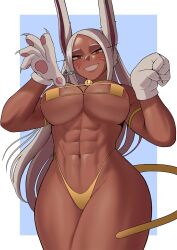  :d abs animal_ears animal_hands arm_strap artist_name bell bikini blue_background boku_no_hero_academia border breasts cat_paws cat_tail claw_pose cleavage cosplay dark-skinned_female dark_skin eyepatch_bikini facial_mark female gloves grin gud0c highleg highleg_bikini highres large_breasts long_hair looking_at_viewer mirko navel neck_bell parted_bangs paw_gloves paw_pose rabbit_ears rabbit_girl ragdoll_(boku_no_hero_academia) ragdoll_(boku_no_hero_academia)_(cosplay) red_eyes smile solo stomach sweat swimsuit tail thick_thighs thighs toned_female very_long_hair whisker_markings white_border white_gloves white_hair yellow_bikini 