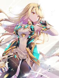  black_pantyhose blonde_hair breasts chest_jewel commentary_request core_crystal_(xenoblade) cowboy_shot female highres large_breasts long_hair mythra_(xenoblade) pantyhose solo tiara ui_frara white_background xenoblade_chronicles_(series) xenoblade_chronicles_2 yellow_eyes 