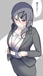  adjusting_clothes black_hair black_jacket black_skirt blush breasts cleavage closed_mouth collarbone commentary_request cowboy_shot female from_above grey_background hair_between_eyes hair_ornament highres jacket lanyard large_breasts low_twintails medium_hair nidoto_jidori_okutte_yannai office_lady open_clothes open_jacket orange_eyes pencil_skirt shirt shirt_tucked_in skirt skirt_suit solo standing suit sweat taketatetakeya thought_bubble translation_request twintails two-tone_background white_background white_shirt 