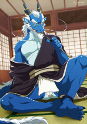  aledonrex anthro asian_clothing clothing dragon east_asian_clothing eastern_dragon elderly elderly_anthro elderly_male fundoshi hi_res japanese_clothing male mythological_creature mythological_scalie mythology scalie solo tail tail_tuft tuft underwear 