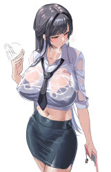  absurdres black_bra black_necktie black_skirt blush bra bra_visible_through_clothes breasts brown_eyes brown_hair character_charm charm_(object) cleavage collared_shirt commander_(nikke) commentary covered_nipples cowboy_shot crop_top cropped_shirt fanning_self female goddess_of_victory:_nikke highres holding holding_phone large_breasts long_hair loose_necktie marciana_(nikke) marciana_(school_days)_(nikke) midriff miniskirt name_tag navel navel_piercing necktie official_alternate_costume parted_lips pencil_skirt phone piercing see-through see-through_cleavage see-through_shirt shirt sidelocks simple_background skirt sleeves_rolled_up slug_1356 solo standing steam sweat underwear wet wet_clothes wet_shirt white_background white_shirt 