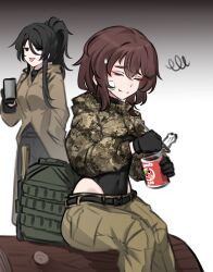  2girls :p absurdres backpack bag bandaid bandaid_on_face bandit-chan_(k0ng) belt black_background black_belt black_gloves black_hair black_leotard black_pants brown_coat brown_hair camouflage camouflage_jacket can closed_eyes coat covered_navel cropped_jacket cup eating gloves gradient_background green_bag green_pants hair_between_eyes hand_in_pocket high-waist_pants highres holding holding_can holding_cup holding_spoon jacket k0ng knife_sheath leotard leotard_under_clothes light_blush loner-chan_(k0ng) long_hair long_sleeves medium_hair messy_hair mug multiple_girls original pants partially_unbuttoned ponytail puffy_long_sleeves puffy_sleeves sheath sidelocks simple_background single_hair_intake sitting solid_circle_eyes spoon squiggle standing thick_eyebrows tongue tongue_out two-tone_background white_background 