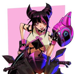  absurdres black_hair blue_nails bracelet collar diagonal_bangs edpan female fingerless_gloves gloves hair_horns helmet heterochromia highres jewelry juri_han motorcycle_helmet multicolored_hair on_motorcycle pink_trim solo spiked_bracelet spiked_collar spikes streaked_hair street_fighter street_fighter_6 tongue tongue_out two-tone_hair 