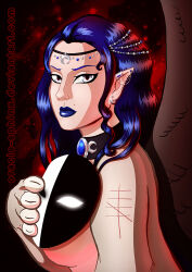  blue_hair blue_lipstick crown ear_piercing felid female grey_eyes hair headgear lipstick makeup mammal mask mythological_creature mythological_sphinx mythology oracle_sphinx piercing solo tattoo tiara wings 